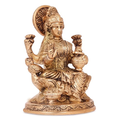 Kartique Laxmi Murti Brass Lakshmi Idol Laxmi Goddess Lakshmi Sitting Statue in Blessing Postures for Home Puja Mandir Temple Gold Color Height 5 Inch - Image 3