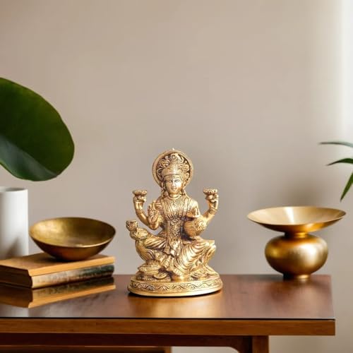 Kartique Laxmi Murti Brass Lakshmi Idol Laxmi Goddess Lakshmi Sitting Statue in Blessing Postures for Home Puja Mandir Temple Gold Color Height 5 Inch - Image 2