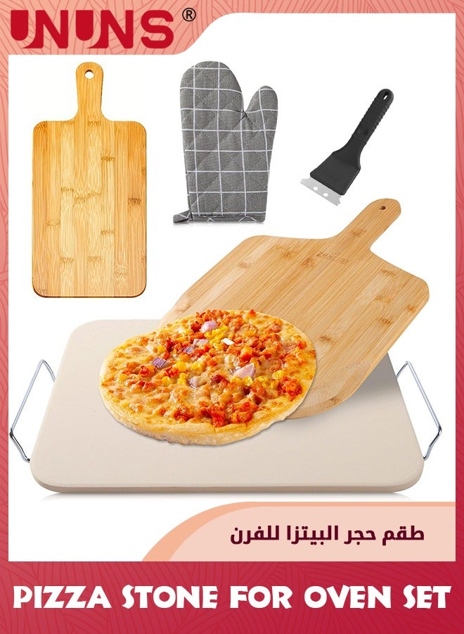 UNUNS 4PCS Pizza Stone Set,Professional Large Pizza Stone For Oven and Grill With Pizza kit,Gloves,and Brush,Baking Stone for Grill,Pizza Peel Set  - Image 1