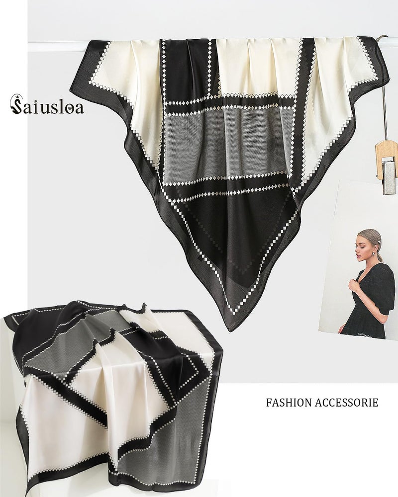 Saiusloa Neck Scarf For Womens Silky Head Scarves Hair Bandanas Square Scarf Fashion Accessories lightweight 27.5 * 27.5inch (48-Black-gray geometry)-48 - Image 4