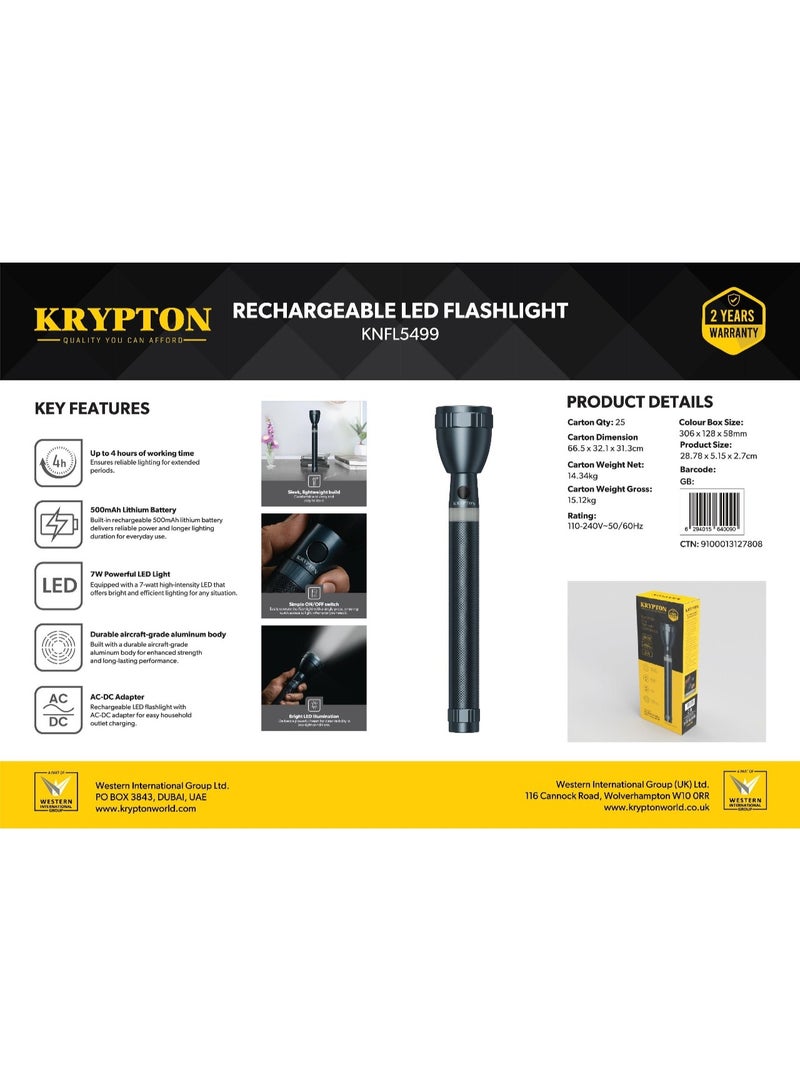 Krypton Rechargeable LED Flashlight KNFL5499 | 7W Powerful Torch, 500mAh Battery, Aluminum Body, Indoor & Outdoor Use – Black, 2 Years Warranty