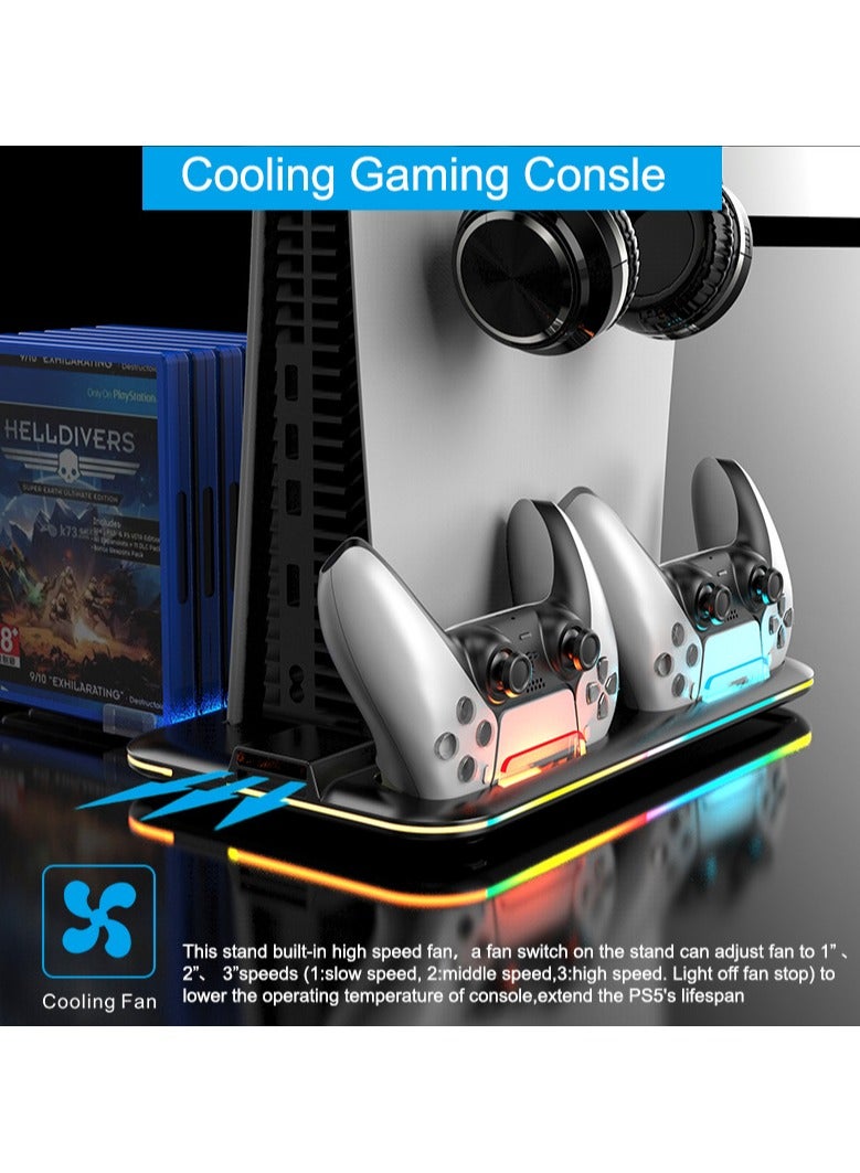 PS5 Stand and PS5 Silm Cooling Station with Dual Controller Charging Station, PS5 Accessories Incl. Controller Charger, Cooling fan, Headset holder (Fit 2023 PS5 -Fat-normal Versions)  - Image 3