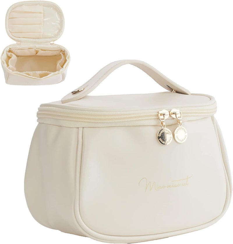 ARLICORPING Makeup Storage Bag,Portable Cosmetic Bag,Pu Leather Multifunctional Vanity Bag for Makeup,Cosmetic Brush Case,Cosmetic Travel Bag for Women Organization Bag with Handle(Off White),11 cm - Image 1