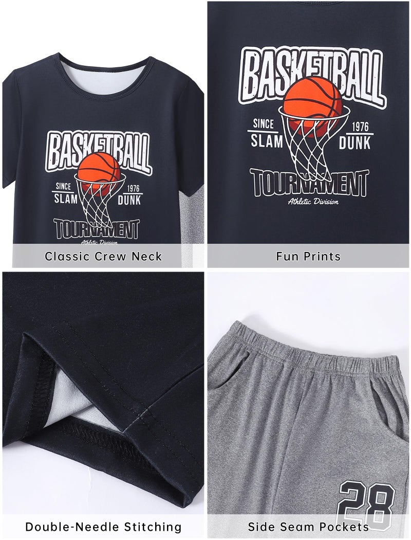 Mikrdoo Boys Pajamas Short Sleeve and Elastic Waist Pants 2 Piece Soft Comfortable Pjs Set Black Basketball Home Loungewear Size 10 Years - Image 5