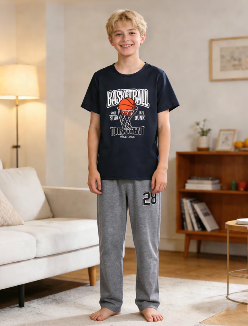 Mikrdoo Boys Pajamas Short Sleeve and Elastic Waist Pants 2 Piece Soft Comfortable Pjs Set Black Basketball Home Loungewear Size 10 Years - Image 2