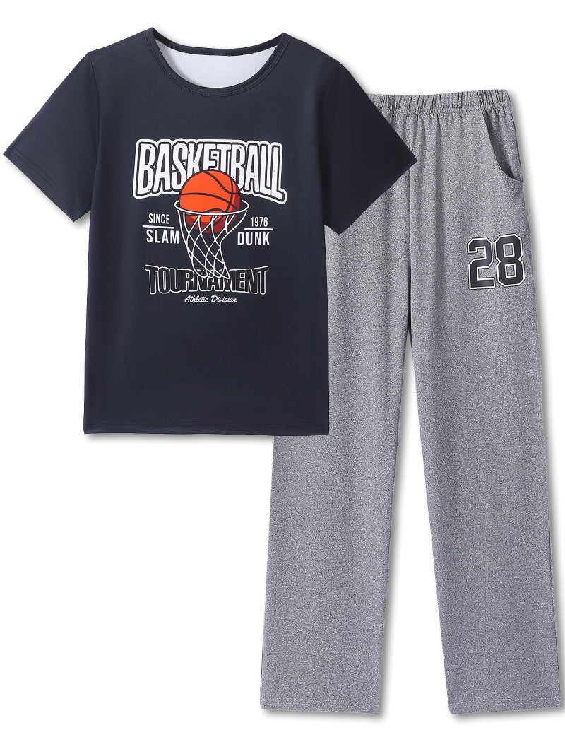 Mikrdoo Boys Pajamas Short Sleeve and Elastic Waist Pants 2 Piece Soft Comfortable Pjs Set Black Basketball Home Loungewear Size 10 Years - Image 1