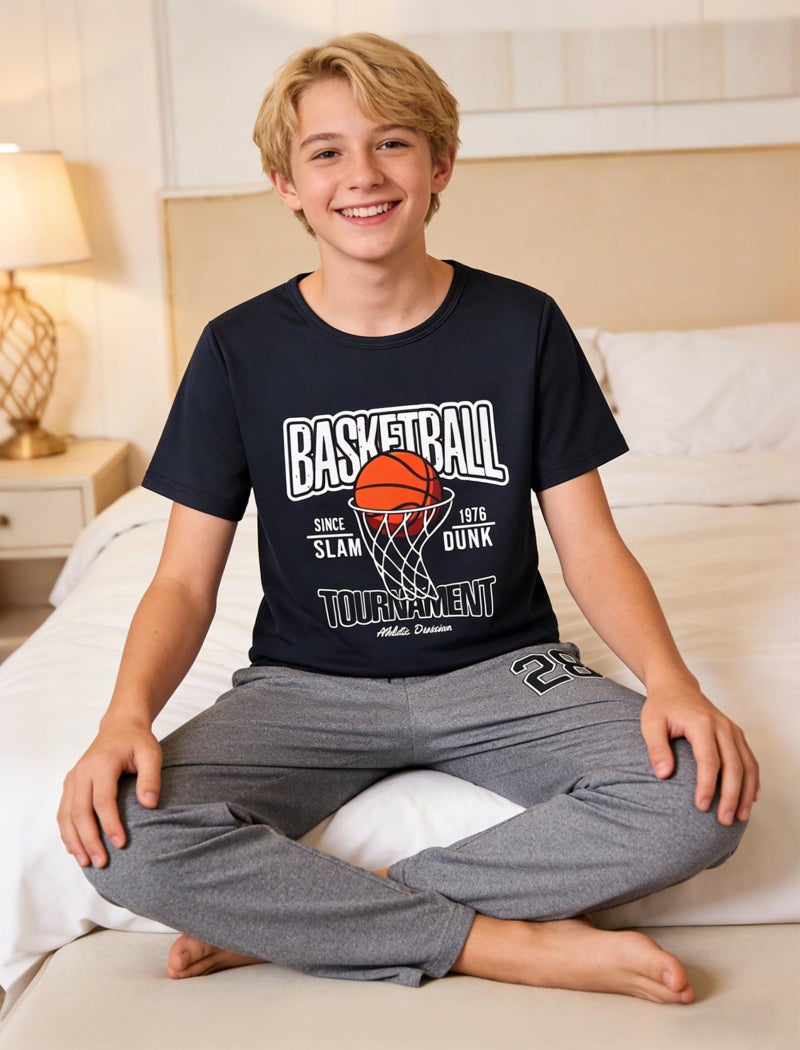 Mikrdoo Boys Pajamas Short Sleeve and Elastic Waist Pants 2 Piece Soft Comfortable Pjs Set Black Basketball Home Loungewear Size 10 Years - Image 3