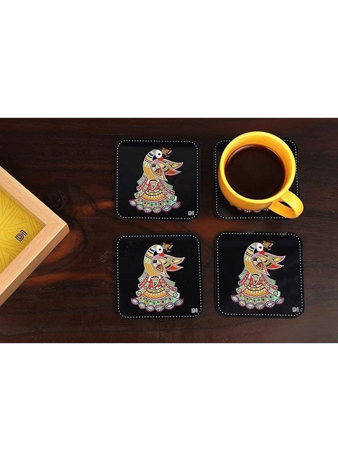 OUTFITQUE Madhubani Peacock Art Printed Coasters for Home, Kitchen, Restaurant, Cafeteria Set of 4 with Stand (3.5 X 3.5 Inch, Multicolor) - Image 4