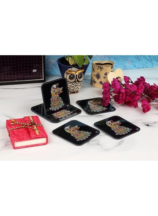 OUTFITQUE Madhubani Peacock Art Printed Coasters for Home, Kitchen, Restaurant, Cafeteria Set of 4 with Stand (3.5 X 3.5 Inch, Multicolor) - Image 3