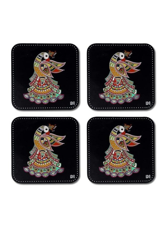 OUTFITQUE Madhubani Peacock Art Printed Coasters for Home, Kitchen, Restaurant, Cafeteria Set of 4 with Stand (3.5 X 3.5 Inch, Multicolor) - Image 1