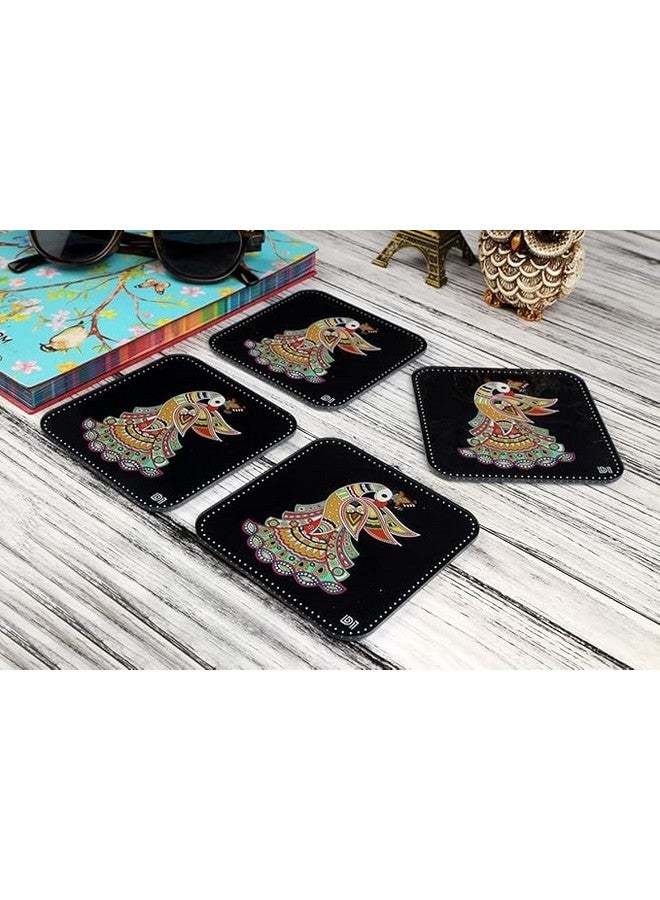 OUTFITQUE Madhubani Peacock Art Printed Coasters for Home, Kitchen, Restaurant, Cafeteria Set of 4 with Stand (3.5 X 3.5 Inch, Multicolor) - Image 2