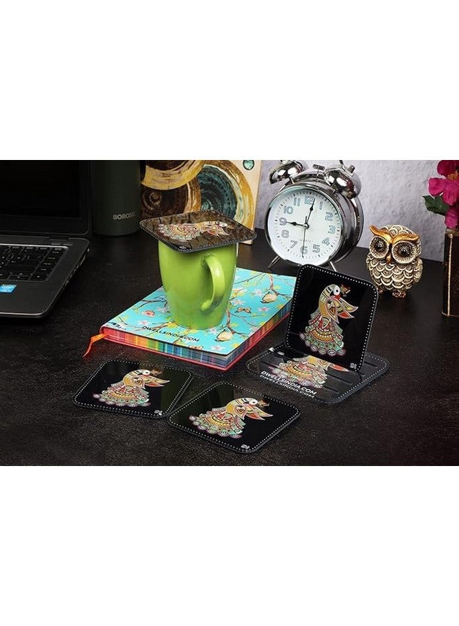 OUTFITQUE Madhubani Peacock Art Printed Coasters for Home, Kitchen, Restaurant, Cafeteria Set of 4 with Stand (3.5 X 3.5 Inch, Multicolor) - Image 5