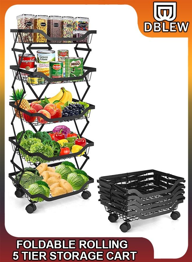 دي بلو سلة تخزين قابلة للطي مكونة من 5 طبقات لتخزين طبقات الخضار والفاكهة عربة أدوات قابلة للطي قابلة للطي للمطبخ والبصل والبطاطس والوجبات الخفيفة ومنظم المرآب في الحمام مع عجلات ووجبات خفيفة من البصل والبطا - Image 1