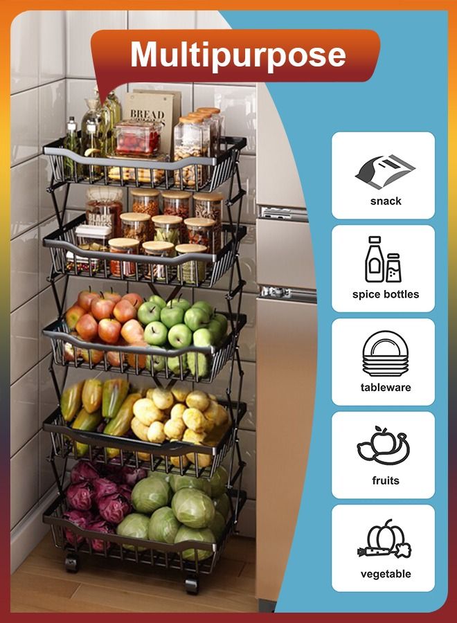 دي بلو سلة تخزين قابلة للطي مكونة من 5 طبقات لتخزين طبقات الخضار والفاكهة عربة أدوات قابلة للطي قابلة للطي للمطبخ والبصل والبطاطس والوجبات الخفيفة ومنظم المرآب في الحمام مع عجلات ووجبات خفيفة من البصل والبطا - Image 4