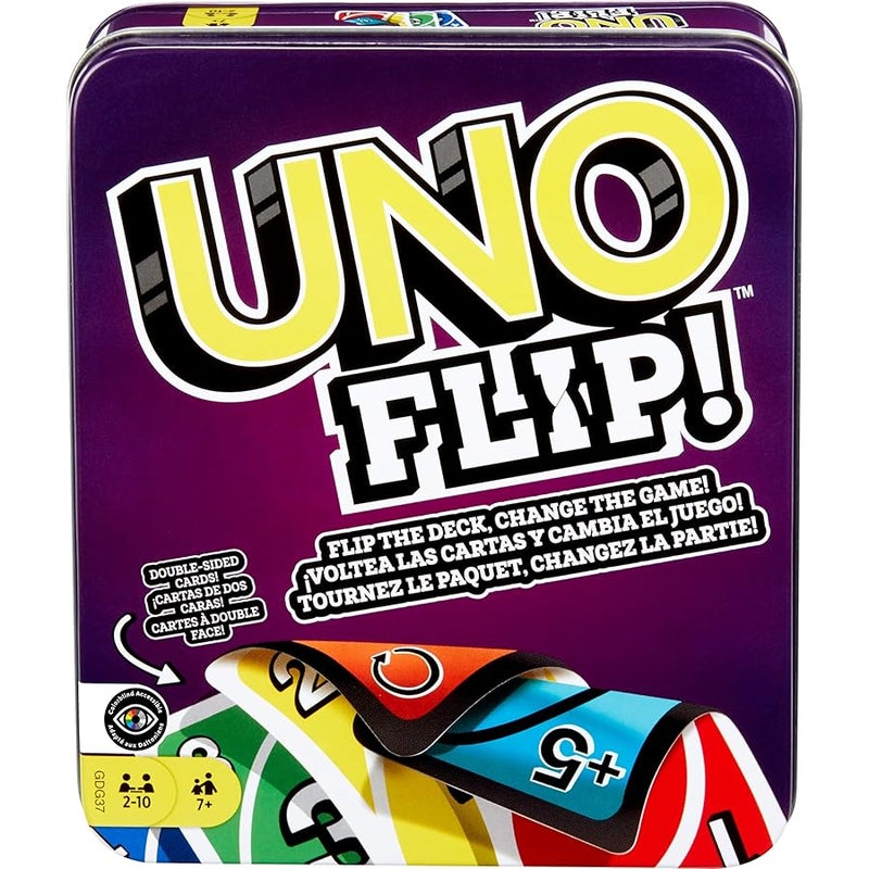 Mattel Games UNO FLIP! Family Card with 112 Cards in a Sturdy Storage Tin, Makes a Great Gift for 7 Year Olds and Up - Image 1