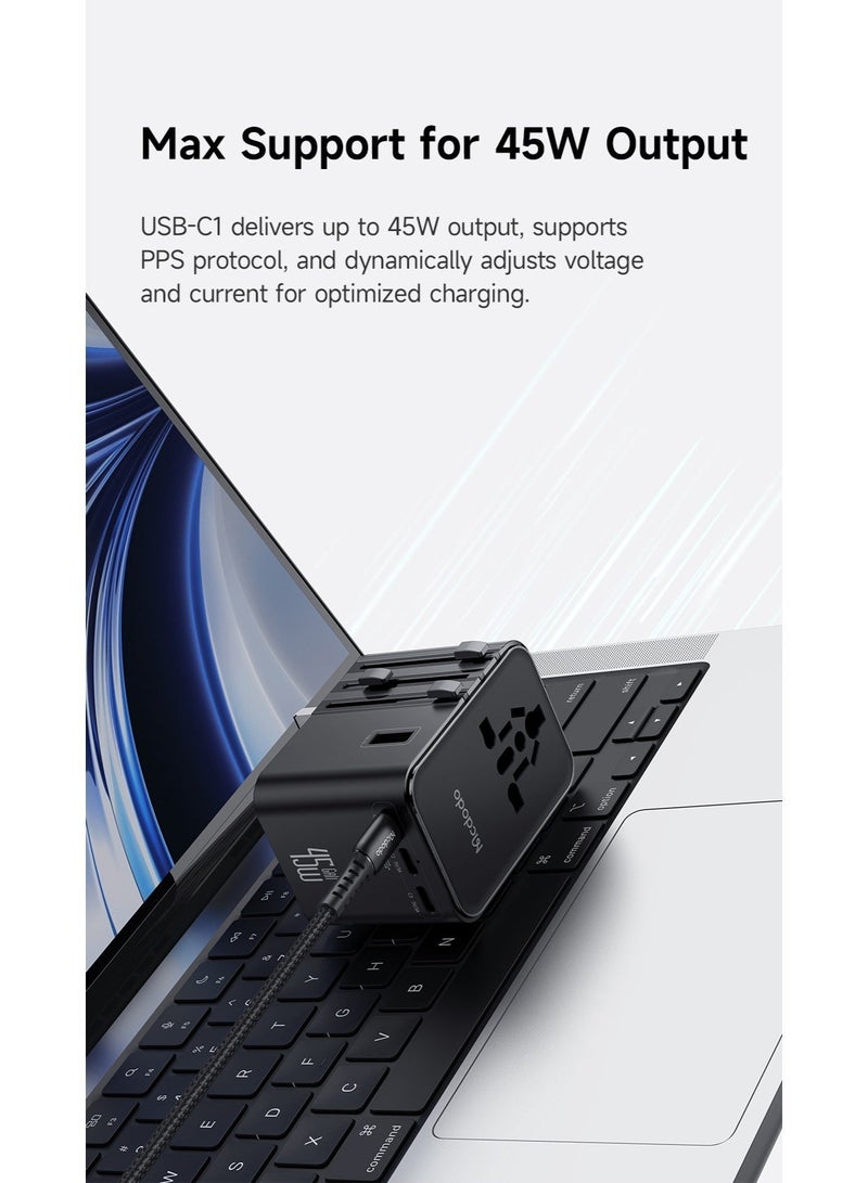 Mcdodo Universal Travel Adapter, 5-Port 3 USB-C + 2 USB-A, 45W PD Fast Charging, Includes 60W USB-C Cable, MDD G5 Series, UK/US/EU, 150+ Countries, Black, CP-3270 - Image 3