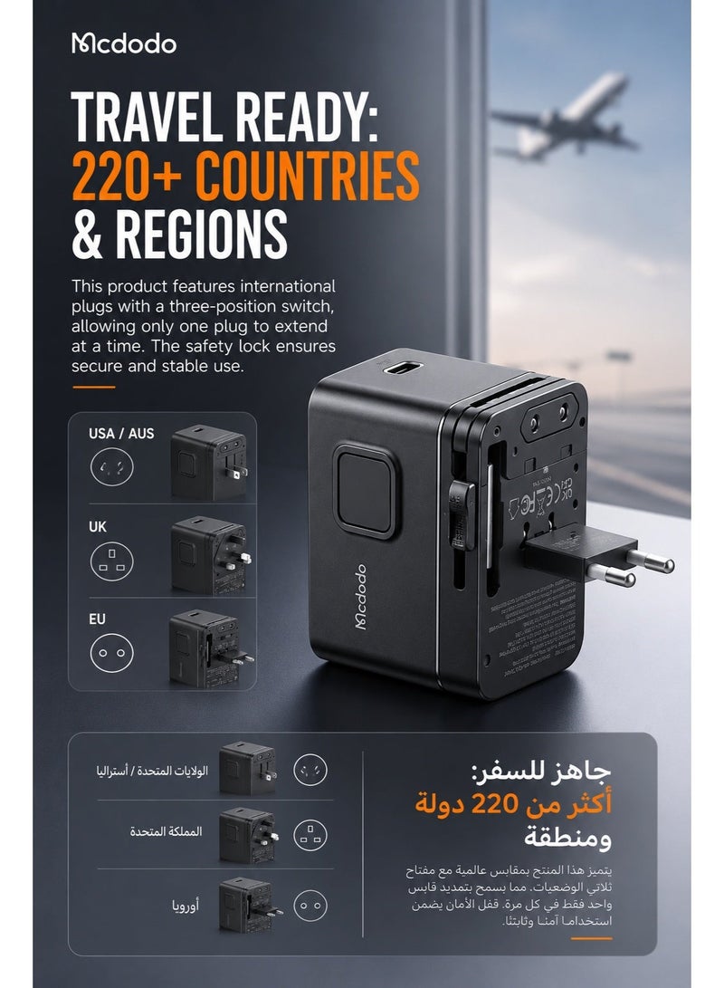 Mcdodo Universal Travel Adapter, 5-Port 3 USB-C + 2 USB-A, 45W PD Fast Charging, Includes 60W USB-C Cable, MDD G5 Series, UK/US/EU, 150+ Countries, Black, CP-3270 - Image 5