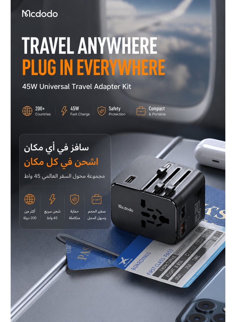 Mcdodo Universal Travel Adapter, 5-Port 3 USB-C + 2 USB-A, 45W PD Fast Charging, Includes 60W USB-C Cable, MDD G5 Series, UK/US/EU, 150+ Countries, Black, CP-3270 - Image 2