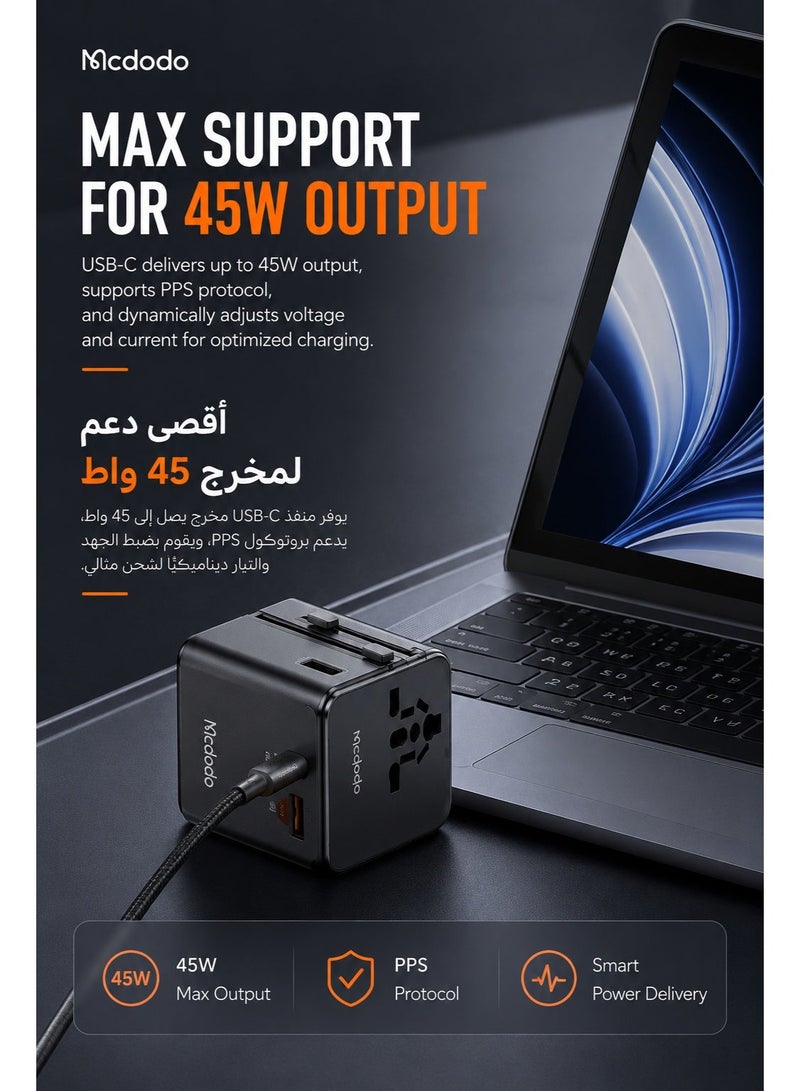 Mcdodo Universal Travel Adapter, 5-Port 3 USB-C + 2 USB-A, 45W PD Fast Charging, Includes 60W USB-C Cable, MDD G5 Series, UK/US/EU, 150+ Countries, Black, CP-3270 - Image 3