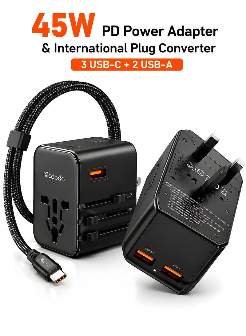 Mcdodo Universal Travel Adapter, 5-Port 3 USB-C + 2 USB-A, 45W PD Fast Charging, Includes 60W USB-C Cable, MDD G5 Series, UK/US/EU, 150+ Countries, Black, CP-3270 - Image 1