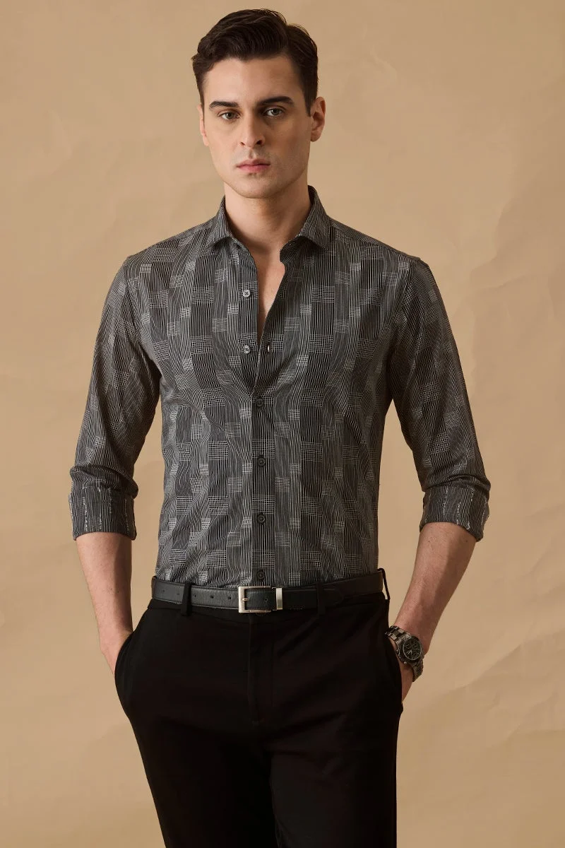 سنيتش Black Checkered Long Sleeve Slim Fit Formal Shirt