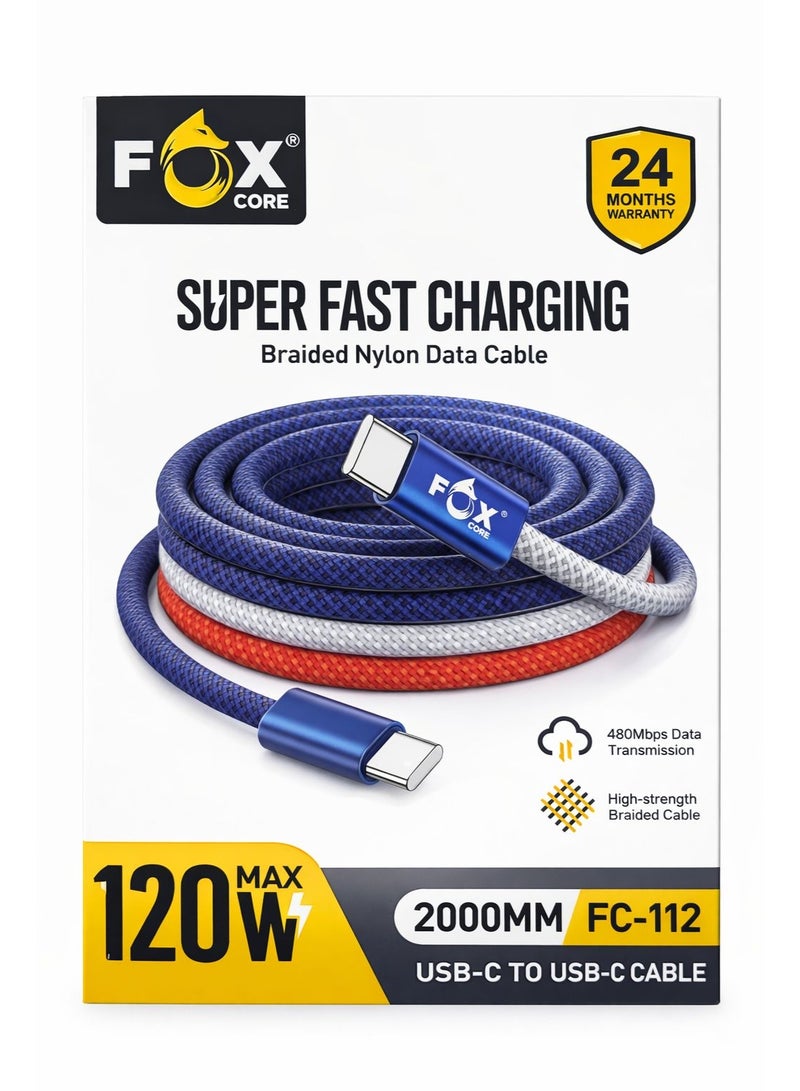 Fox 120W Fast Charging Cable, 6.6 ft (2 m) Braided USB A to Type C Fast Charging Cable Compatible with Smartphones and Tablets (Blue) - Image 3