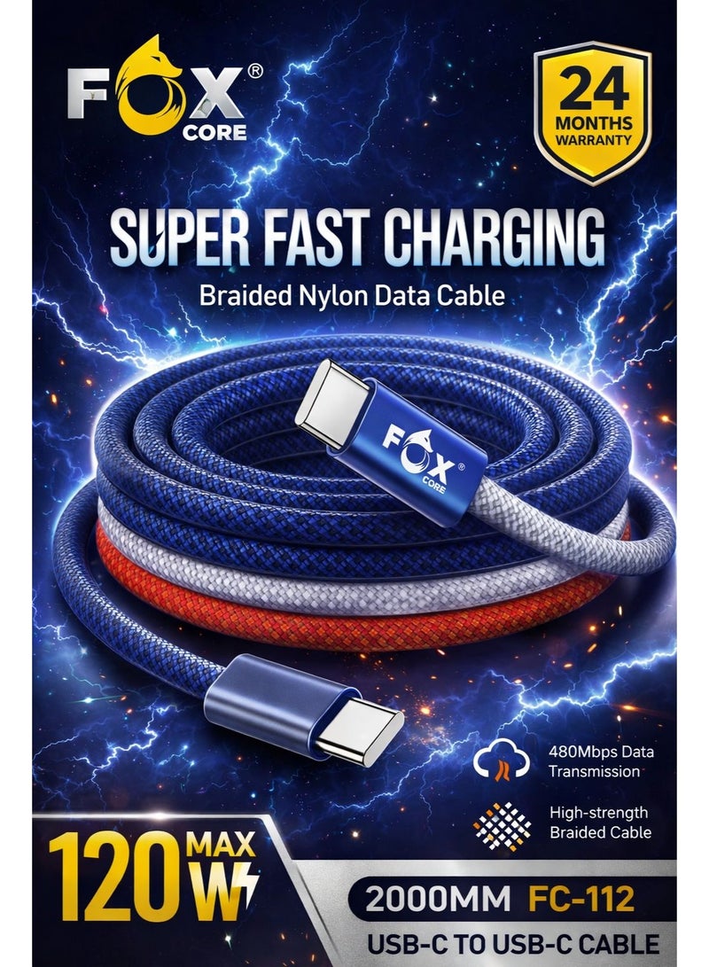 Fox 120W Fast Charging Cable, 6.6 ft (2 m) Braided USB A to Type C Fast Charging Cable Compatible with Smartphones and Tablets (Blue) - Image 2