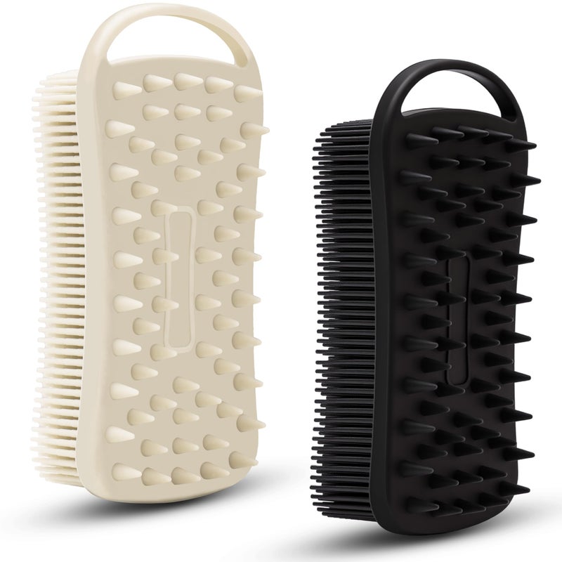 MtBoi 2 PC Silicone Body Scrubber, 2 in 1 Exfoliating Shower Bath Scrubber, Soft Silicone Loofah for Sensitive Skin, Shower Hair Scalp Massager, Easy to Clean, Lather Well (Grey&Black) - Image 1