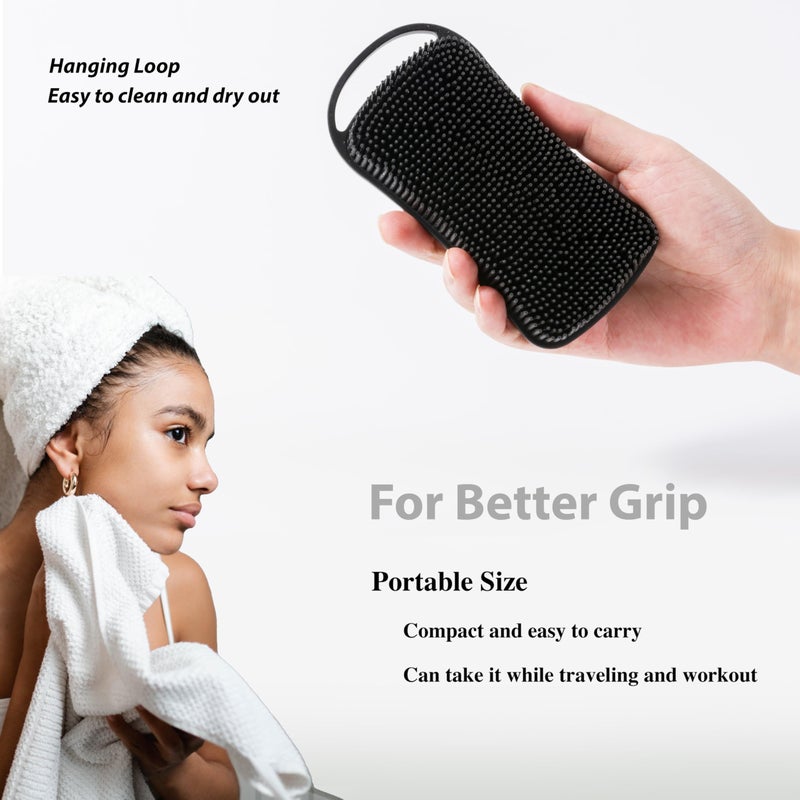 MtBoi 2 PC Silicone Body Scrubber, 2 in 1 Exfoliating Shower Bath Scrubber, Soft Silicone Loofah for Sensitive Skin, Shower Hair Scalp Massager, Easy to Clean, Lather Well (Grey&Black) - Image 5