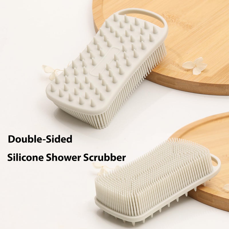 MtBoi 2 PC Silicone Body Scrubber, 2 in 1 Exfoliating Shower Bath Scrubber, Soft Silicone Loofah for Sensitive Skin, Shower Hair Scalp Massager, Easy to Clean, Lather Well (Grey&Black) - Image 3