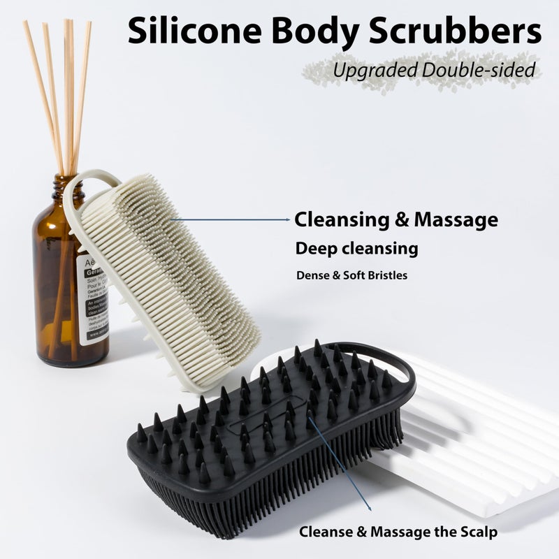 MtBoi 2 PC Silicone Body Scrubber, 2 in 1 Exfoliating Shower Bath Scrubber, Soft Silicone Loofah for Sensitive Skin, Shower Hair Scalp Massager, Easy to Clean, Lather Well (Grey&Black) - Image 2