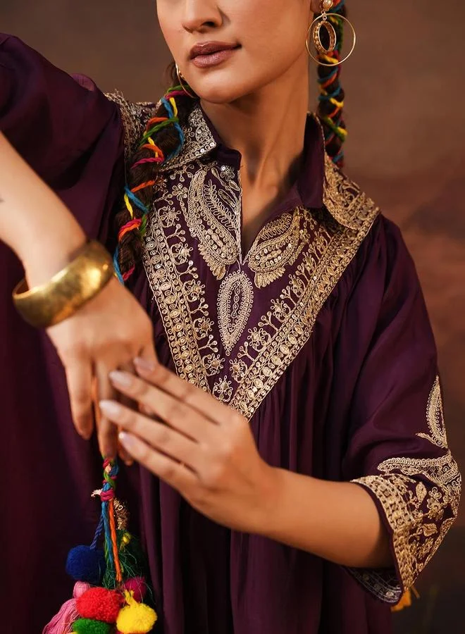 ISHIN Women's Burgundy Viscose Silk Embellished Tunic Top With Ankle Palazzo Flared 2 Peice Kurta Set