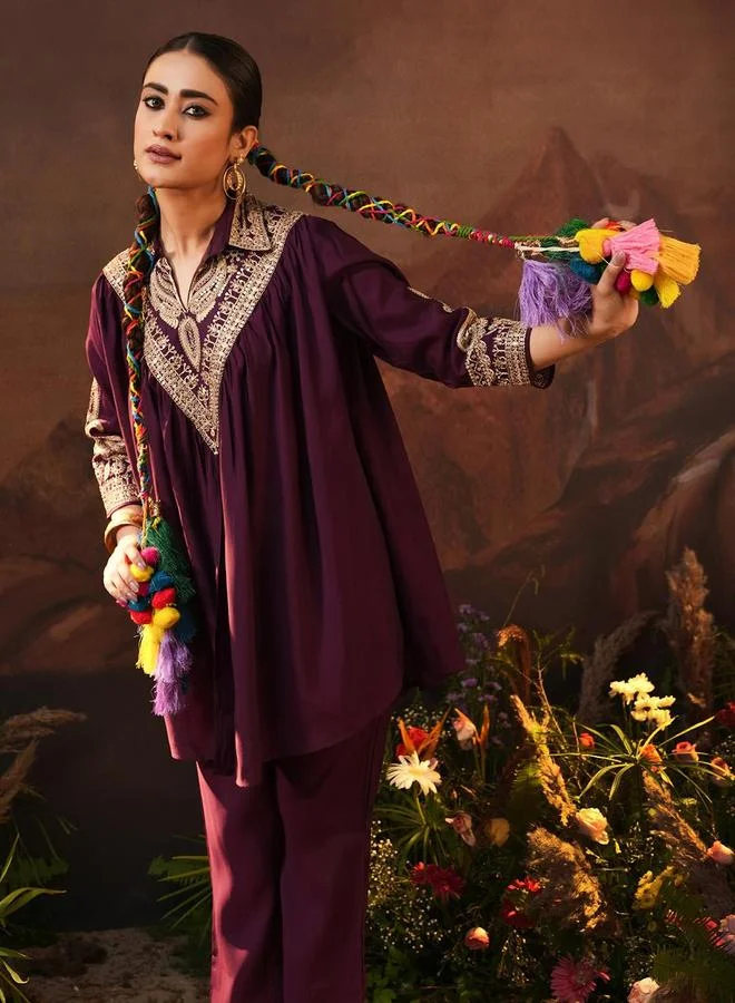 ISHIN Women's Burgundy Viscose Silk Embellished Tunic Top With Ankle Palazzo Flared 2 Peice Kurta Set