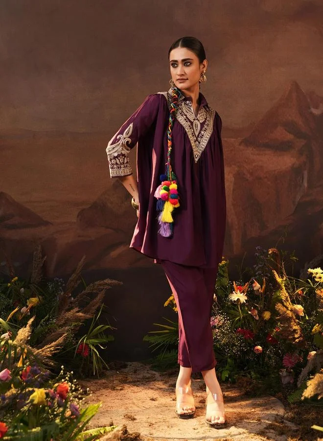 ISHIN Women's Burgundy Viscose Silk Embellished Tunic Top With Ankle Palazzo Flared 2 Peice Kurta Set