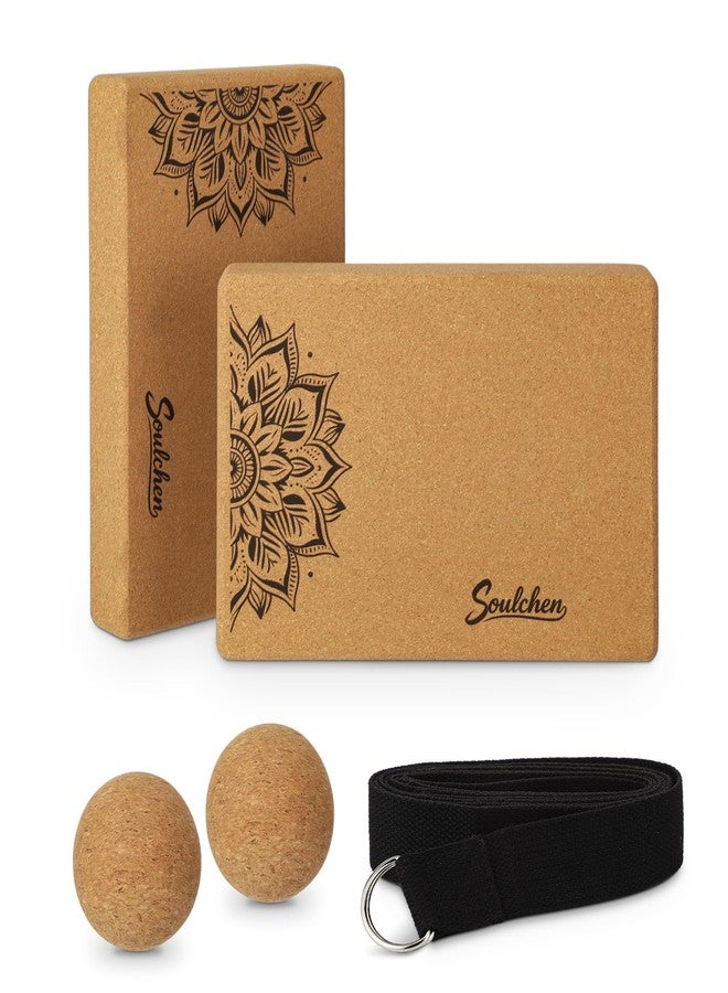 Soulchen 5 Pack Yoga Accessories for Women Set Yoga Block 2 Pack with Strap Massage Ball for Meditation Pilates Cork Blocks Stretching Home Gym Natural High-Density, 12"x8"x2" - Image 1