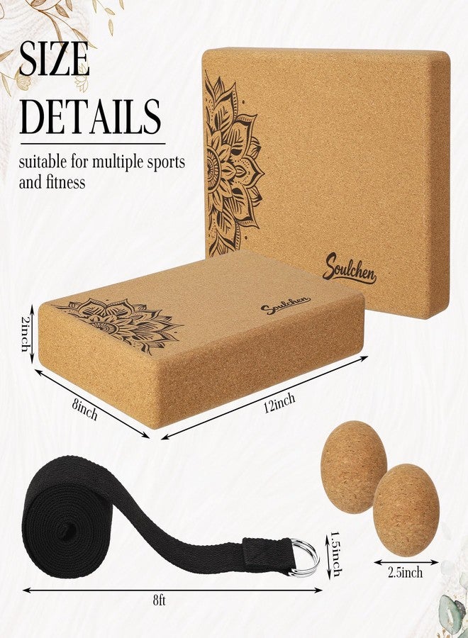 Soulchen 5 Pack Yoga Accessories for Women Set Yoga Block 2 Pack with Strap Massage Ball for Meditation Pilates Cork Blocks Stretching Home Gym Natural High-Density, 12"x8"x2" - Image 2
