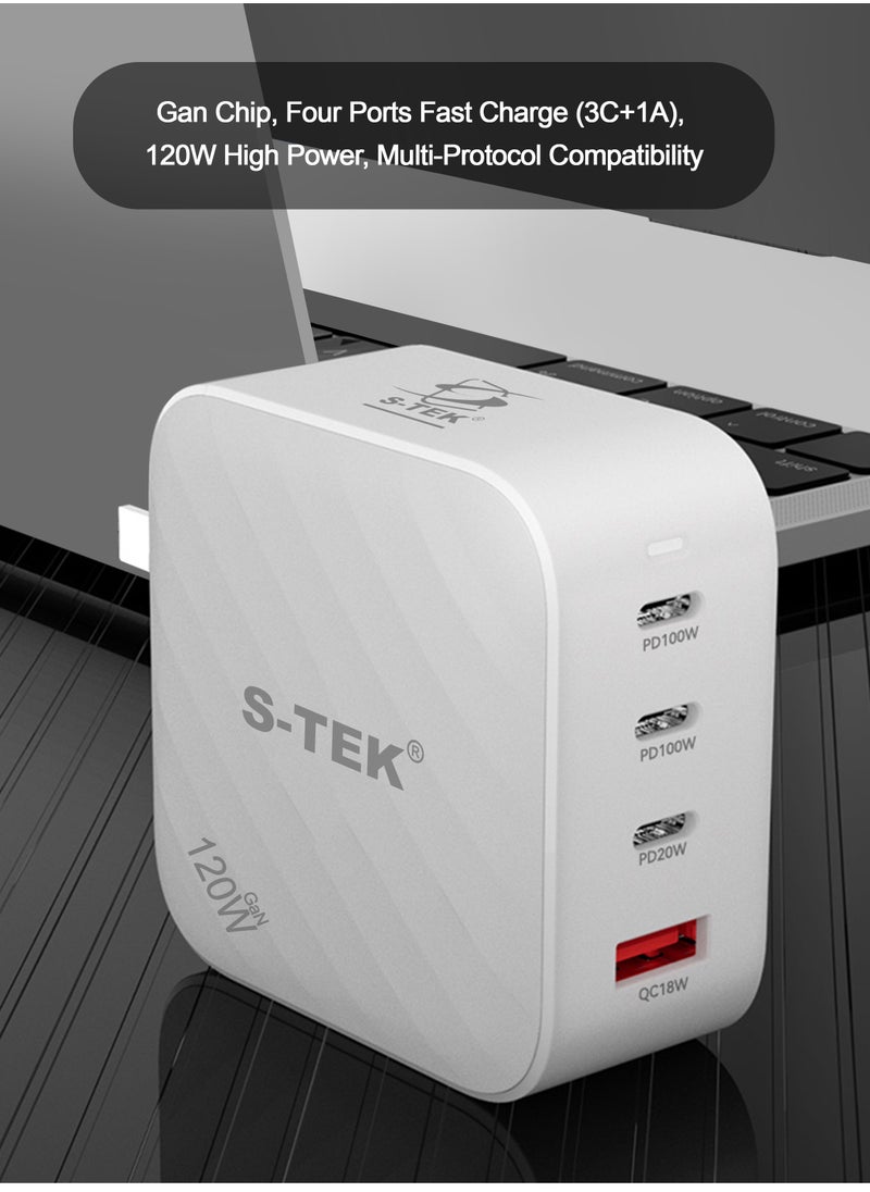 S-TEK 120W Turbo 4-Ports GaN Travel Wall Charger, 3 x USB-C Port Fast Charging Adapter(Max 100W/20W), 1 USB-A (Max 18W). Compatible with MacBook Pro Air, iPad Pro, iPhone 14,Galaxy S9 and More.