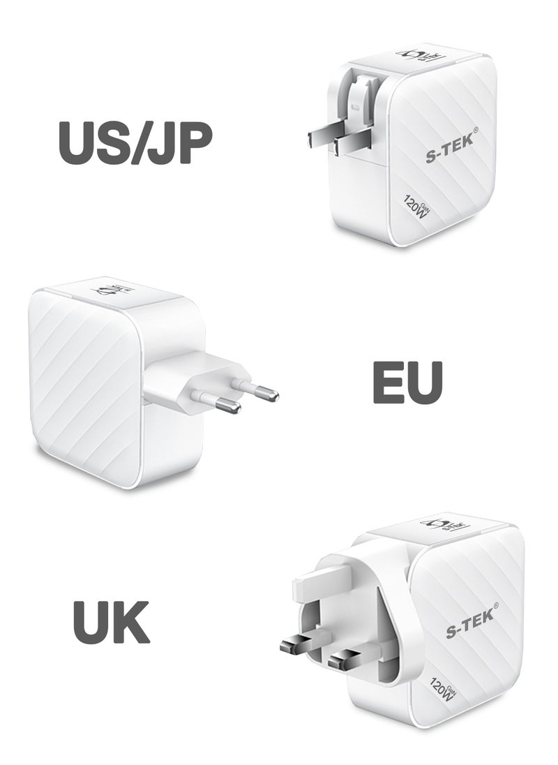S-TEK 120W Turbo 4-Ports GaN Travel Wall Charger, 3 x USB-C Port Fast Charging Adapter(Max 100W/20W), 1 USB-A (Max 18W). Compatible with MacBook Pro Air, iPad Pro, iPhone 14,Galaxy S9 and More.