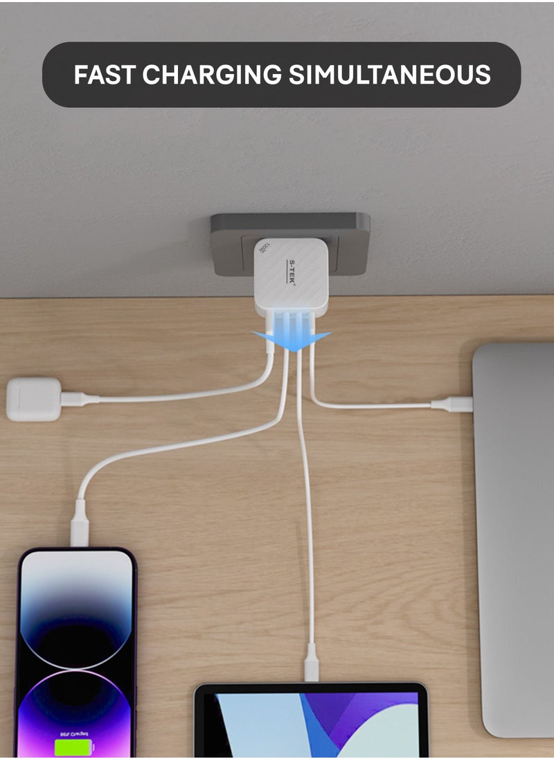 S-TEK 120W Turbo 4-Ports GaN Travel Wall Charger, 3 x USB-C Port Fast Charging Adapter(Max 100W/20W), 1 USB-A (Max 18W). Compatible with MacBook Pro Air, iPad Pro, iPhone 14,Galaxy S9 and More.