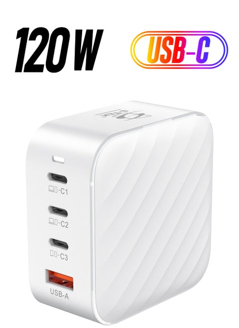 S-TEK 120W Turbo 4-Ports GaN Travel Wall Charger, 3 x USB-C Port Fast Charging Adapter(Max 100W/20W), 1 USB-A (Max 18W). Compatible with MacBook Pro Air, iPad Pro, iPhone 14,Galaxy S9 and More.