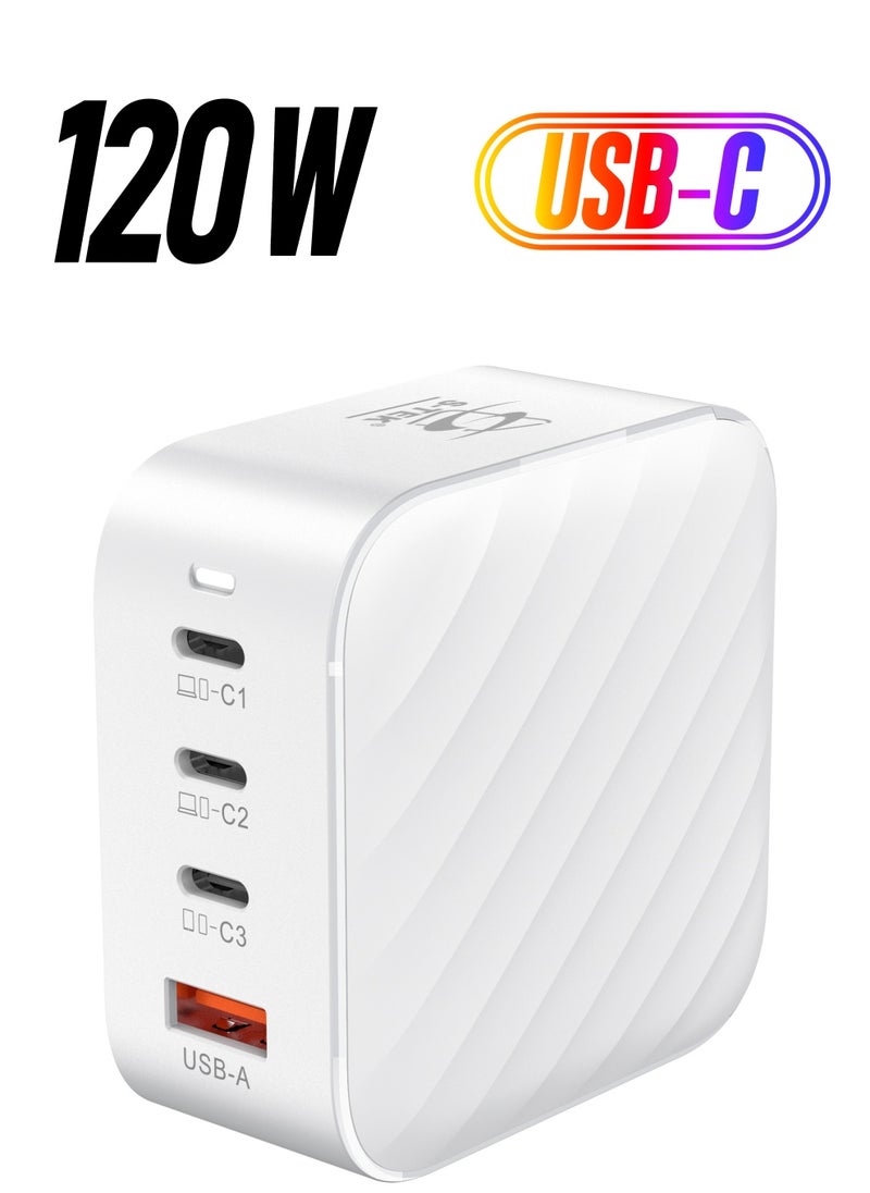 S-TEK 120W Turbo 4-Ports GaN Travel Wall Charger, 3 x USB-C Port Fast Charging Adapter(Max 100W/20W), 1 USB-A (Max 18W). Compatible with MacBook Pro Air, iPad Pro, iPhone 14,Galaxy S9 and More.