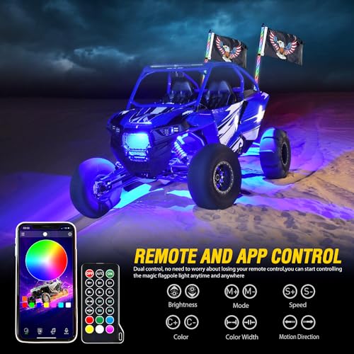 GOOACC 2 PCS 3FT LED Whip Light with 4PCS Rock Lights Kit Spiral RGB Chasing App Remote Control Stop Turn Reverse Lighted Whips for UTV ATV Truck Buggy Dune RZR - Image 3