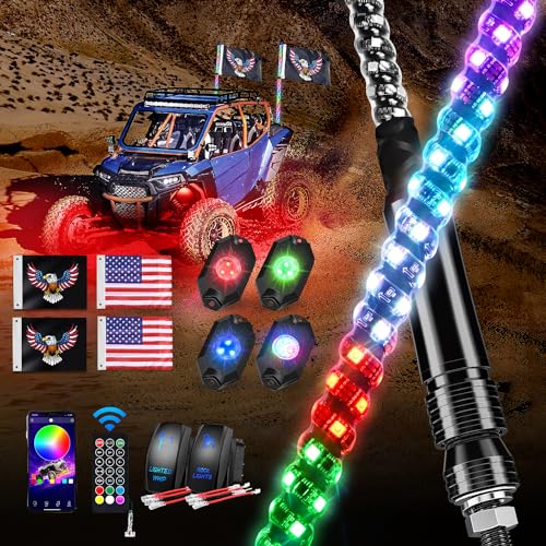 GOOACC 2 PCS 3FT LED Whip Light with 4PCS Rock Lights Kit Spiral RGB Chasing App Remote Control Stop Turn Reverse Lighted Whips for UTV ATV Truck Buggy Dune RZR - Image 1