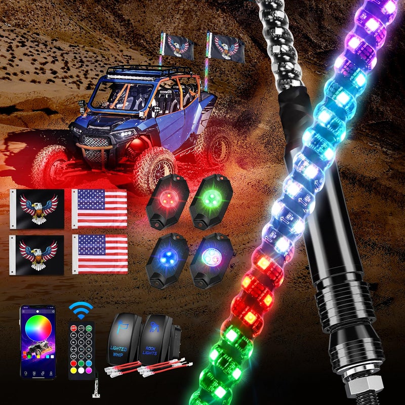 GOOACC 2 PCS 3FT LED Whip Light with 4PCS Rock Lights Kit Spiral RGB Chasing App Remote Control Stop Turn Reverse Lighted Whips for UTV ATV Truck Buggy Dune RZR - Image 2