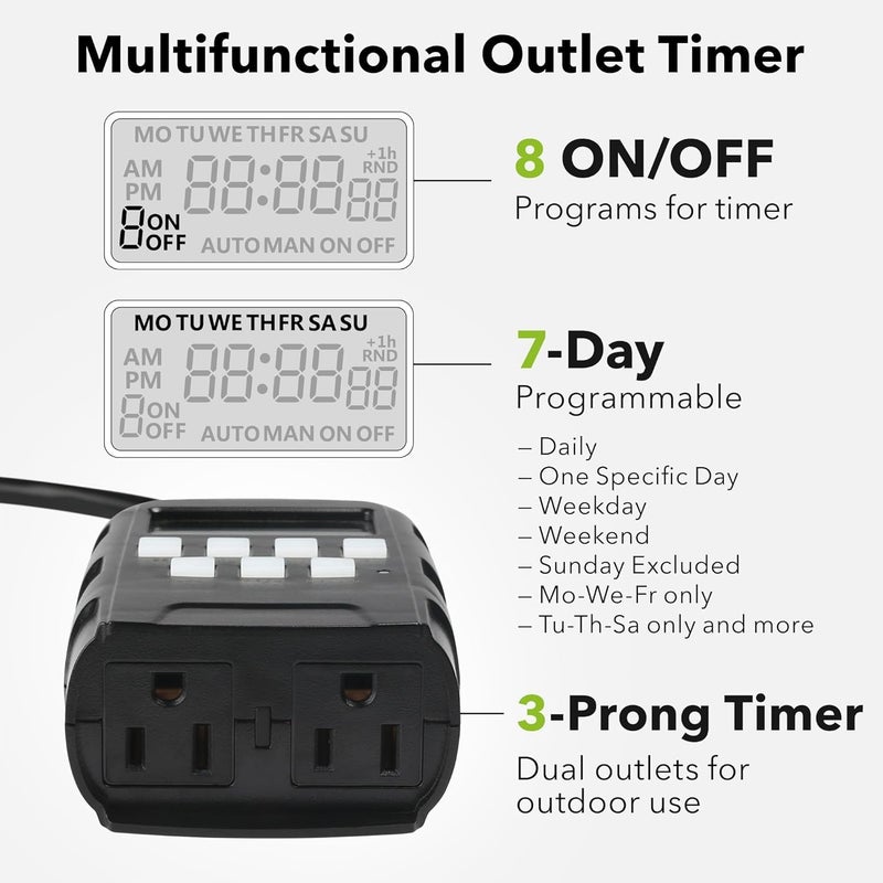 BN-LINK 7 Day Outdoor Heavy Duty Digital Programmable Timer, 125VAC, 60Hz, Dual Outlet, Weatherproof, Heavy Duty, Accurate for Lamps Ponds Christmas Lights 1875W 1/2HP ETL Listed - Image 2