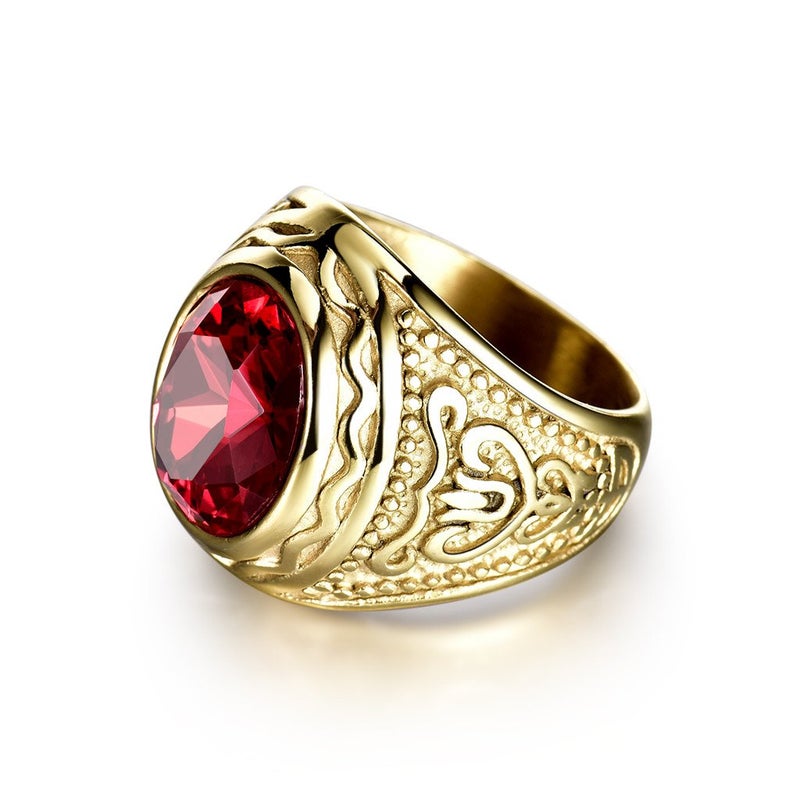 MASOP Retro Vintage Statement Male Rings Jewelry with Oval Red Ruby Color Stone - Image 2