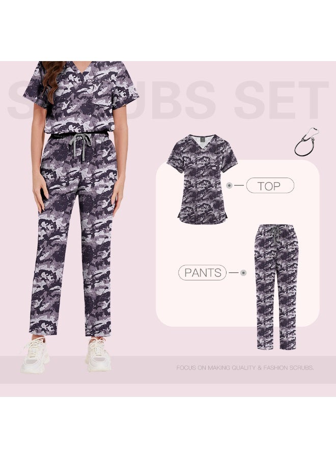 NIBEMINENT Surgical Uniforms Women Printed Medical Scrub Set Beauty Salon Workwear Pet Clinical Scrubs Top + Pant Doctor Nursing Tunic Suit - Image 1