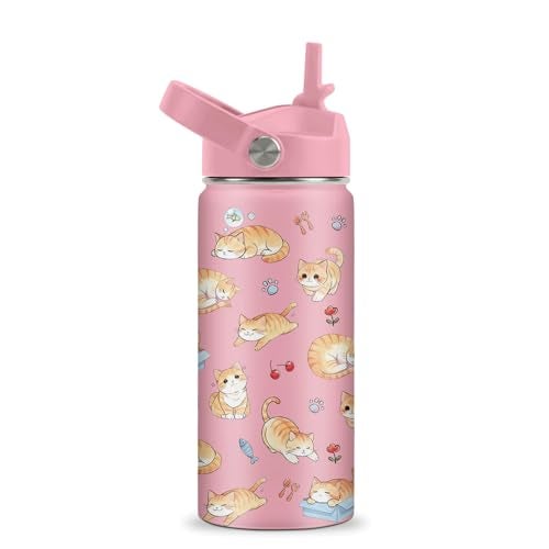 ROVOZAR Cat Water Bottle for Girls - 16oz Cat Stainless Steel Water Bottle with Straw - Cute Cats Insulated Cup - Pink Cats Kids Tumbler for School, Sports, Travel - Image 1