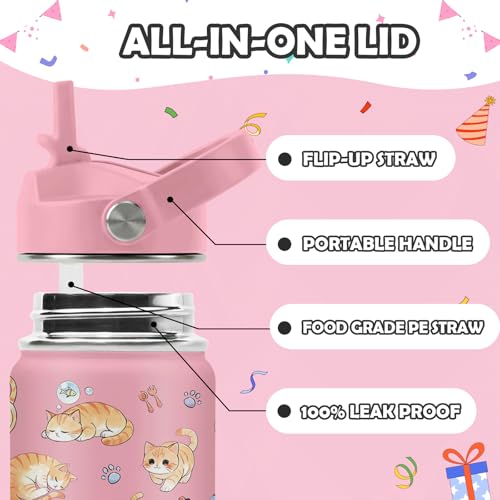 ROVOZAR Cat Water Bottle for Girls - 16oz Cat Stainless Steel Water Bottle with Straw - Cute Cats Insulated Cup - Pink Cats Kids Tumbler for School, Sports, Travel - Image 5