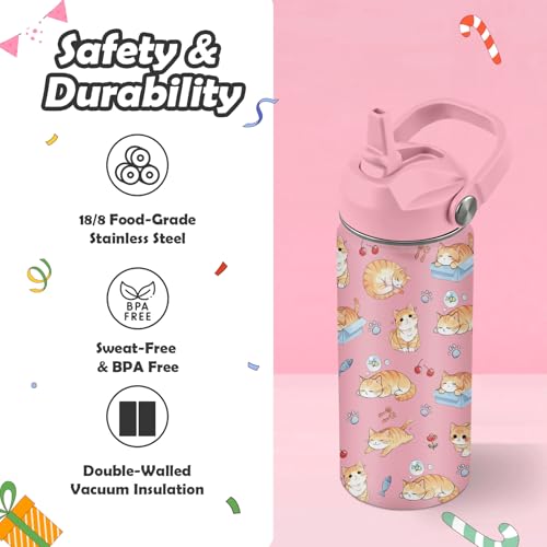 ROVOZAR Cat Water Bottle for Girls - 16oz Cat Stainless Steel Water Bottle with Straw - Cute Cats Insulated Cup - Pink Cats Kids Tumbler for School, Sports, Travel - Image 4